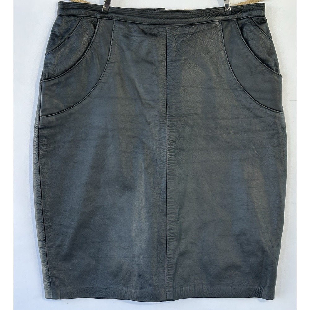 VTG Leather Knee Skirt Black Retro Grunge Women's Sz M/L (see measurements)
